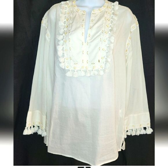 Tory Burch Ivory Cotton Boho Tunic w/Shells,Tassels & Embroidery Sz.XS Ret $225 - Picture 1 of 7
